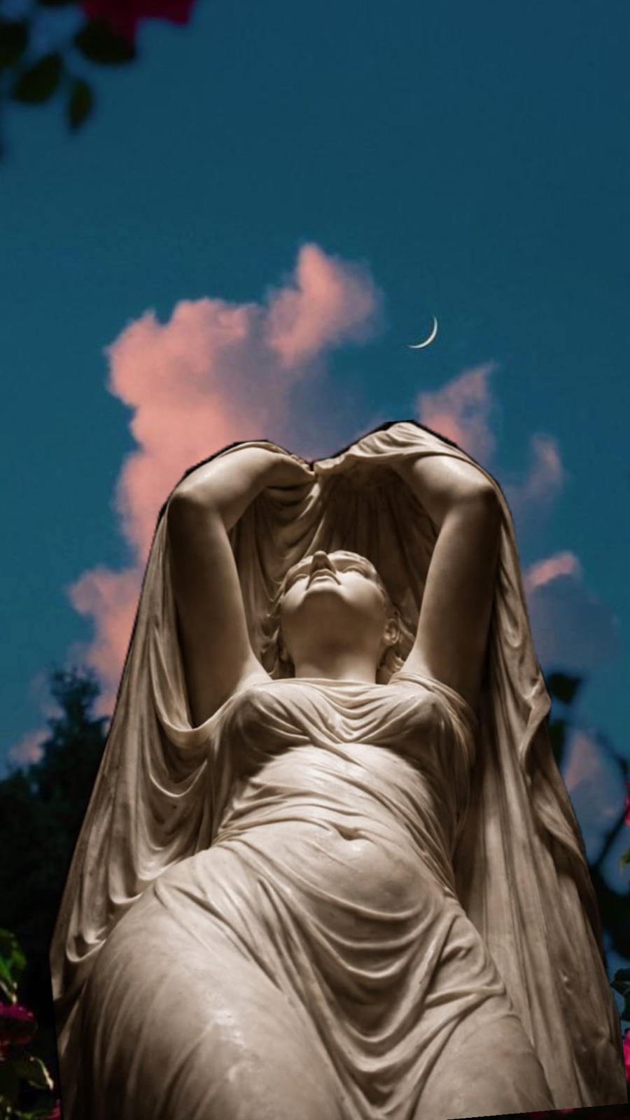 A marble figure of Aphrodite beneath a crescent moon and rose-colored clouds
