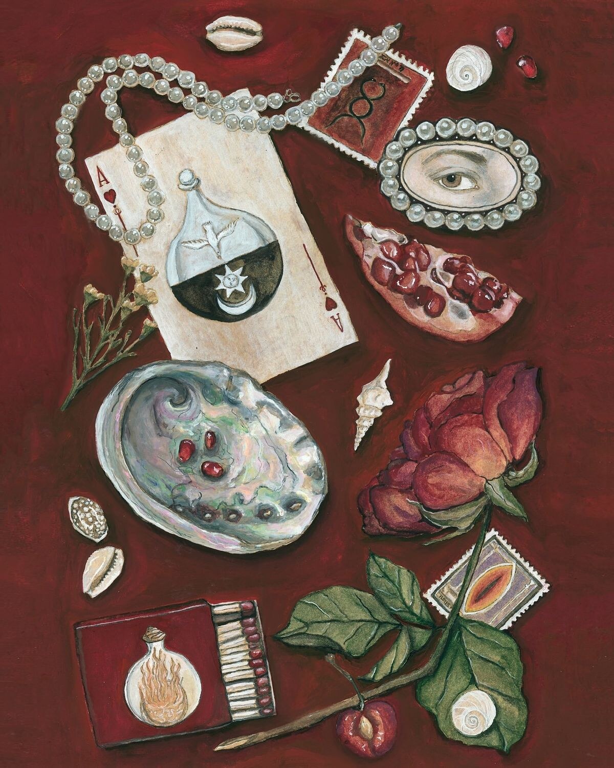 A red still life of cards, pearls, shells, flowers, and ritual correspondences