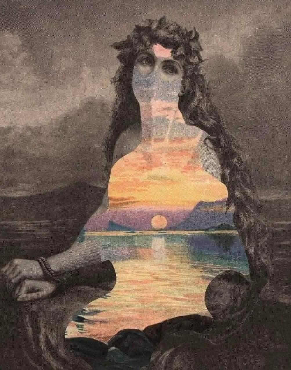 A surreal portrait containing a sunset landscape, suggesting the unseen layers within an intention