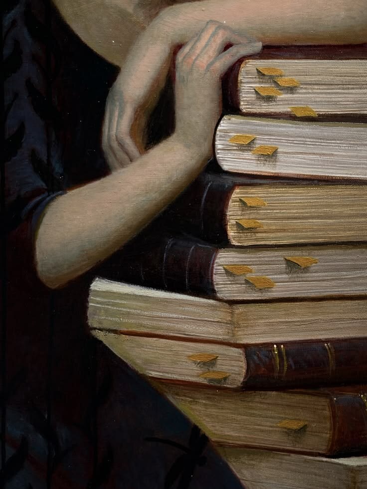 A contemplative figure resting against a stack of old books, evoking study before action