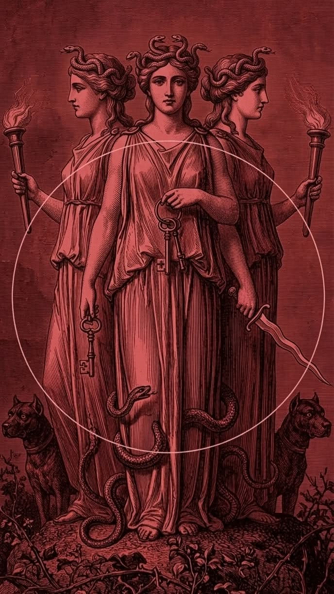 Threefold Hekate holding torches and keys, crowned with serpents and accompanied by two hounds