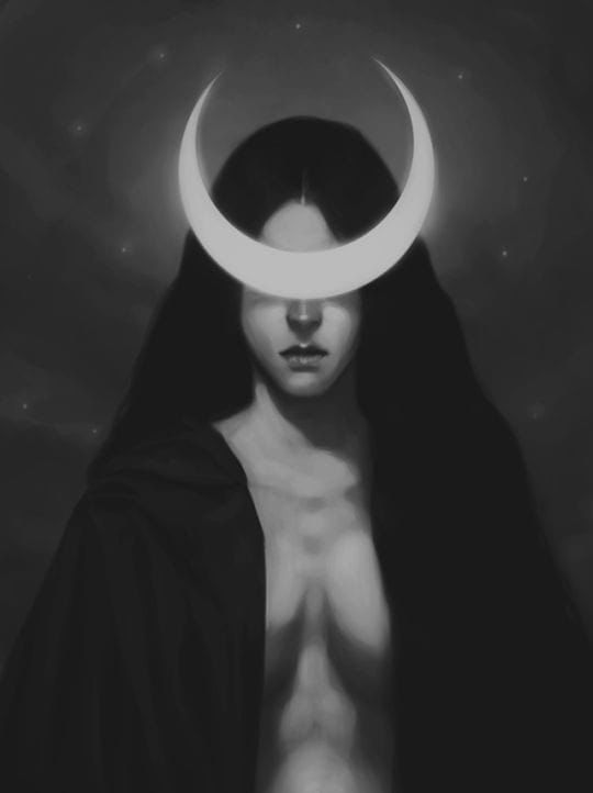 Monochrome portrait of a veiled woman with a luminous crescent moon across her eyes