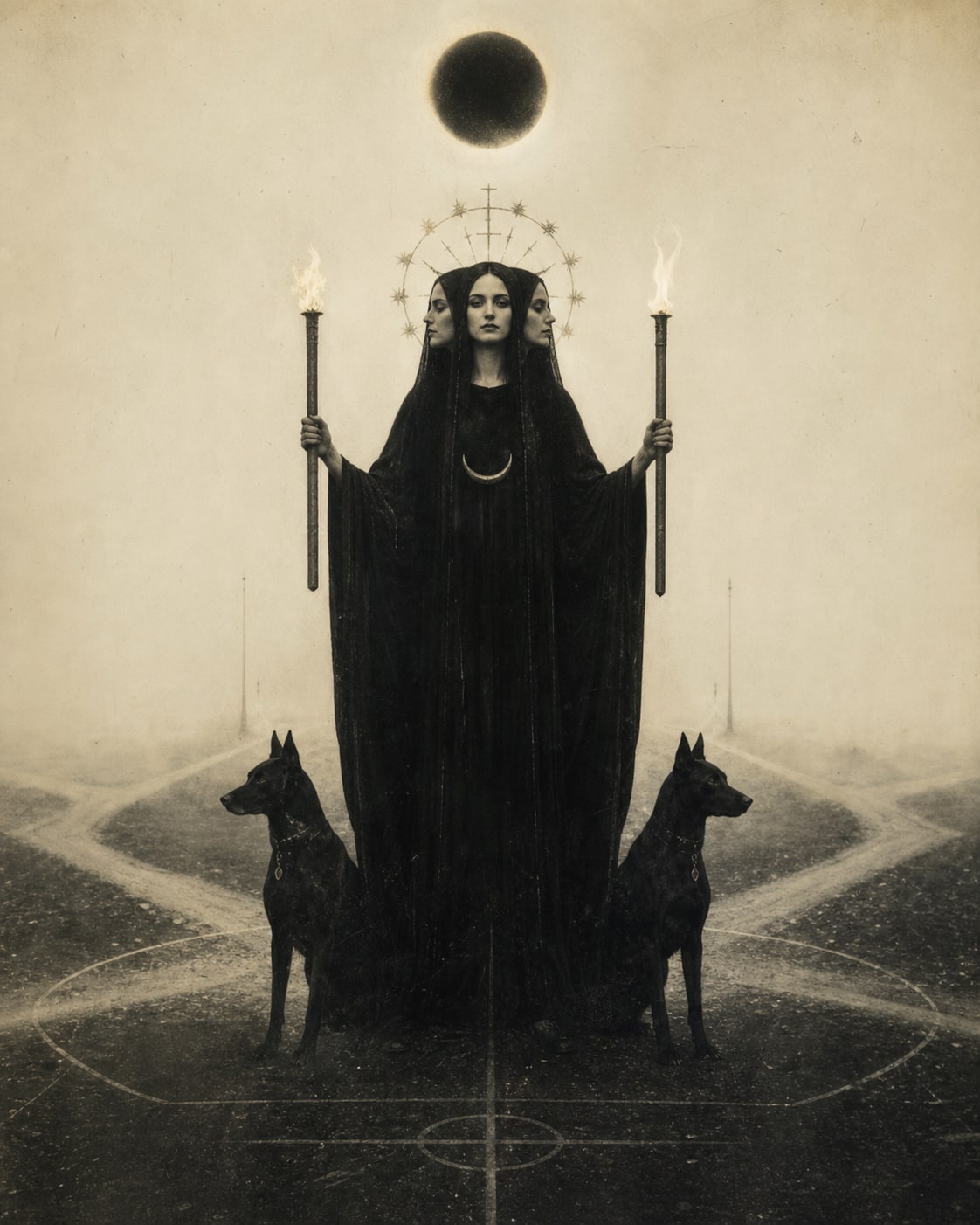Eerie old-film portrait of threefold Hekate holding twin torches at a liminal crossroads with two dark hounds