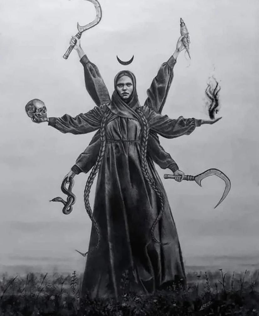 Monochrome illustration of a many-armed robed goddess holding ritual symbols beneath a crescent moon
