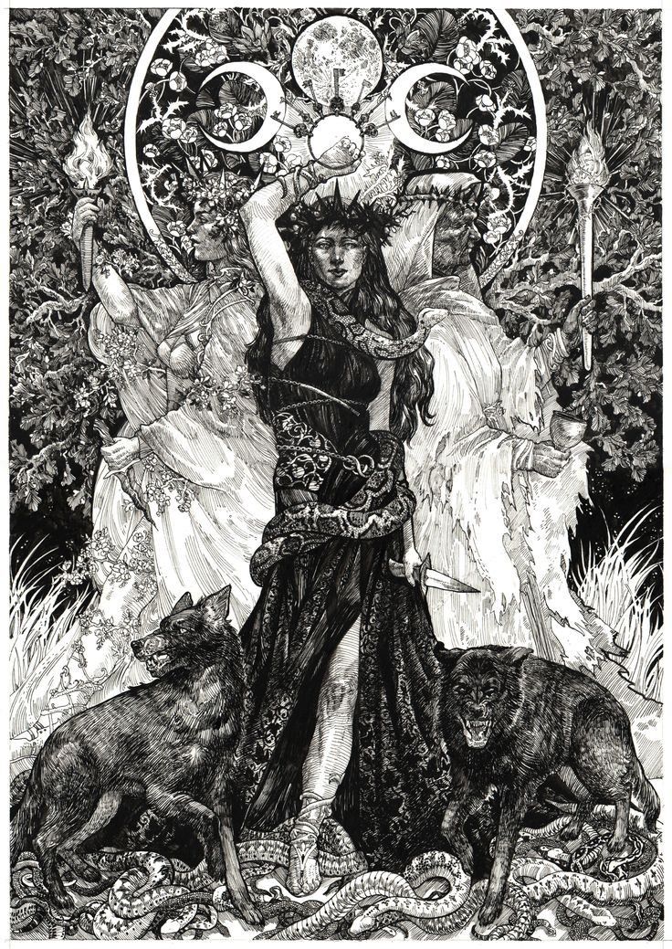 Detailed monochrome illustration of a threefold goddess with torches, hounds, serpents, and triple moons