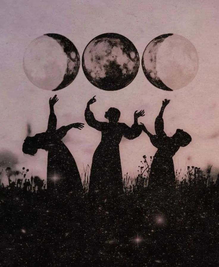 Three silhouetted figures beneath the waxing, full, and waning moon