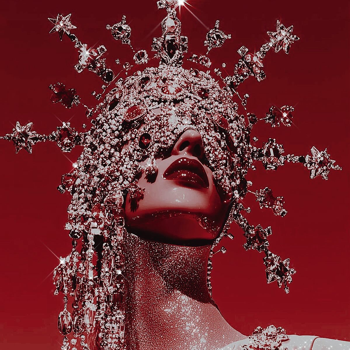 A jeweled red portrait evoking Lilith crowned in stars and radiant ornament