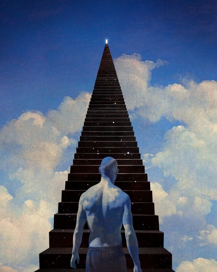 A figure facing a long staircase rising through clouds toward a single point of light