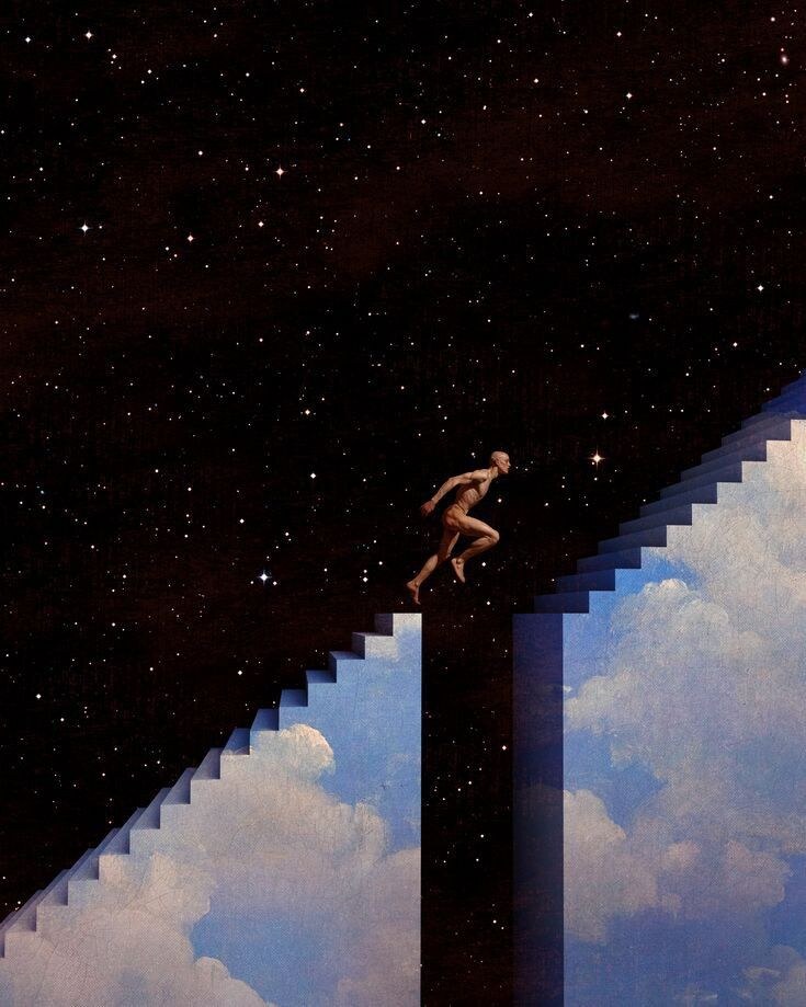 A figure leaping across a break between staircases under a star-filled sky