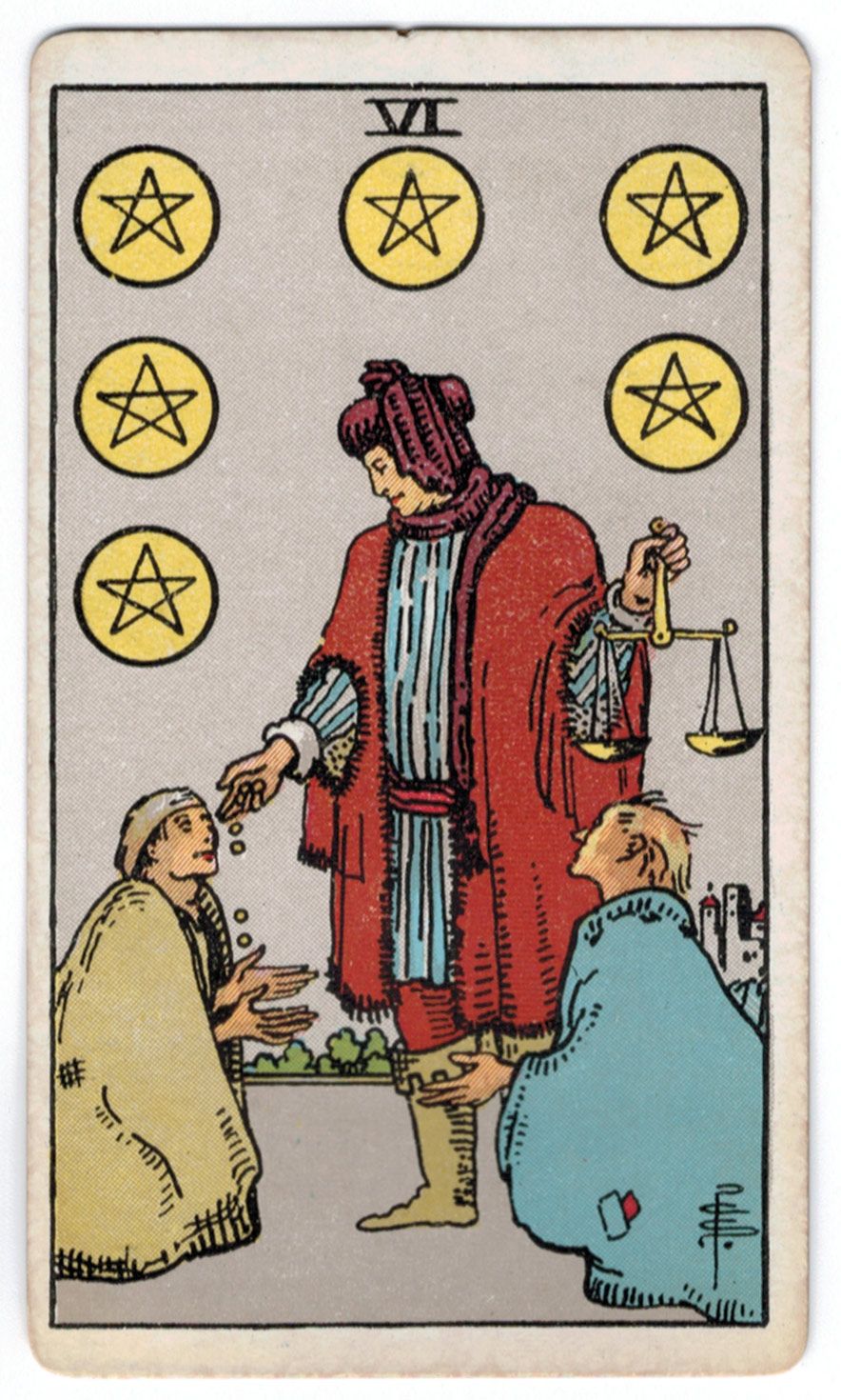Vintage Six of Pentacles tarot card depicting a figure giving coins while holding a balance scale