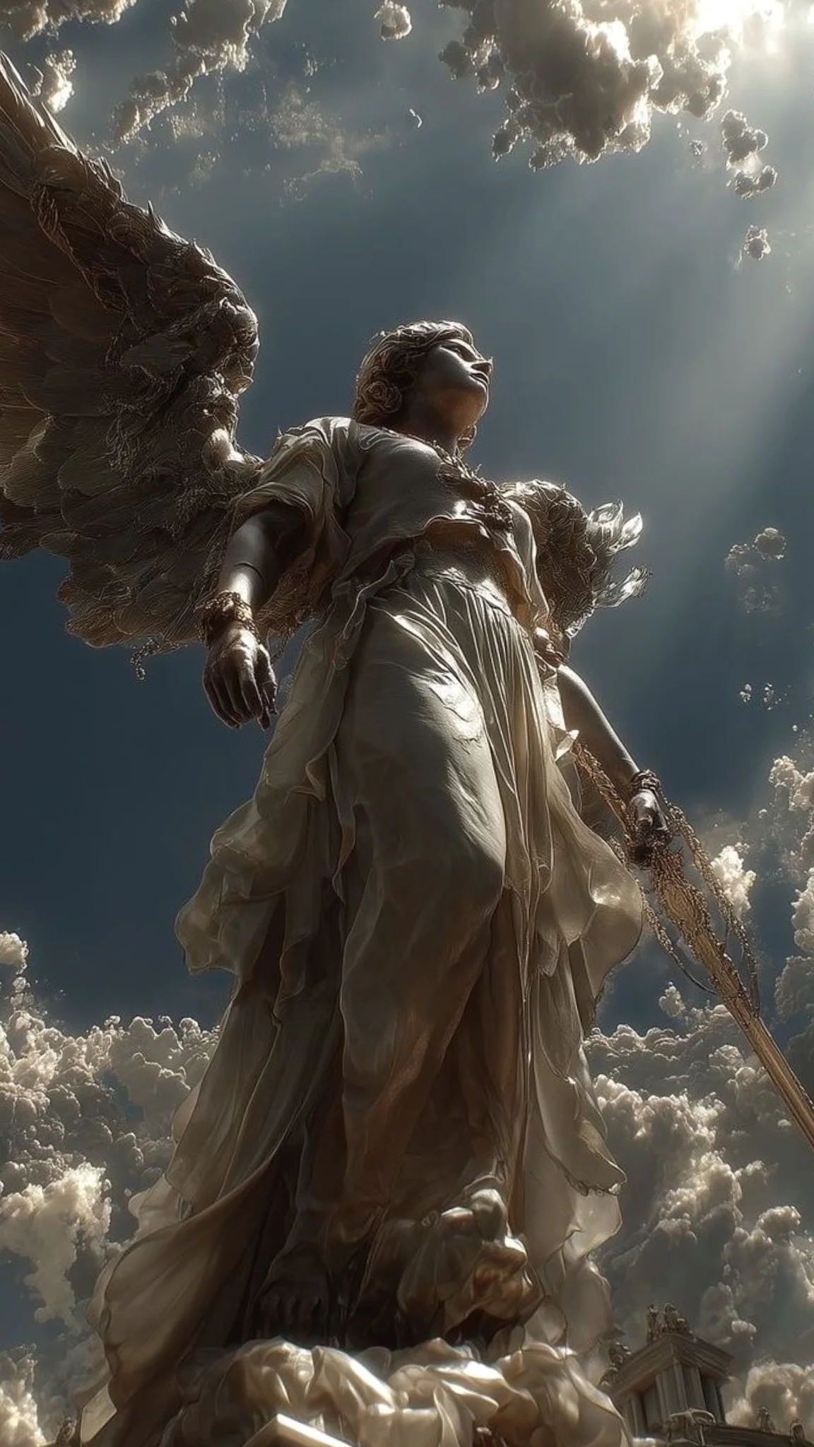 Monumental winged figure rising into a luminous sky