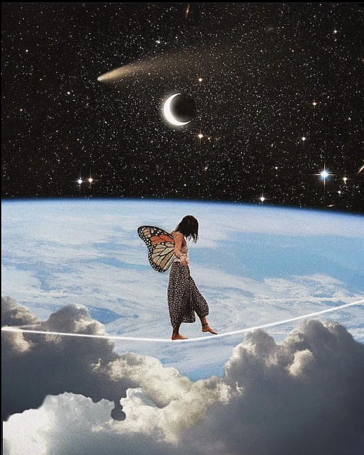A butterfly-winged figure walks beneath a crescent moon in a star-filled sky