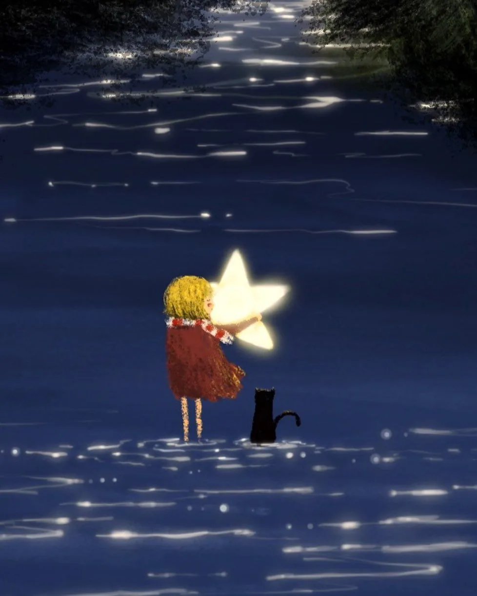 A child holds a glowing star beside a black cat in a blue, starlit landscape