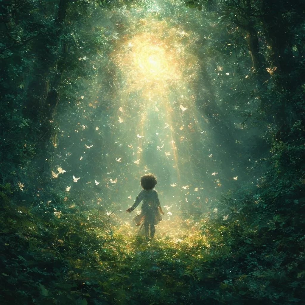 A child walks through a green forest toward warm light, surrounded by small bright wings