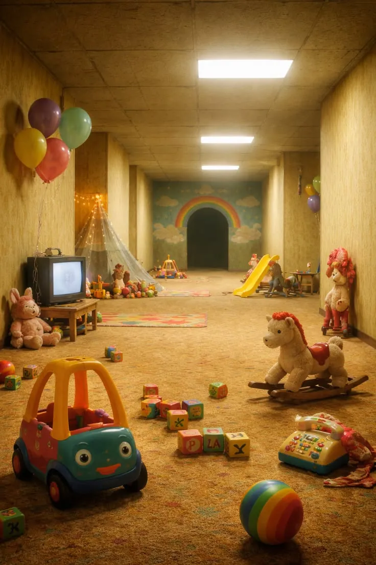 An old playroom with toys, balloons, and a rainbow doorway
