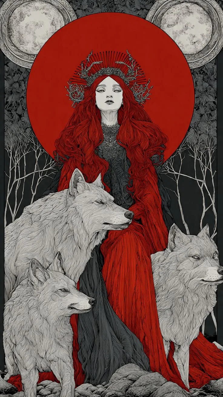 A red-haired figure with wolves before a red circle and three moons