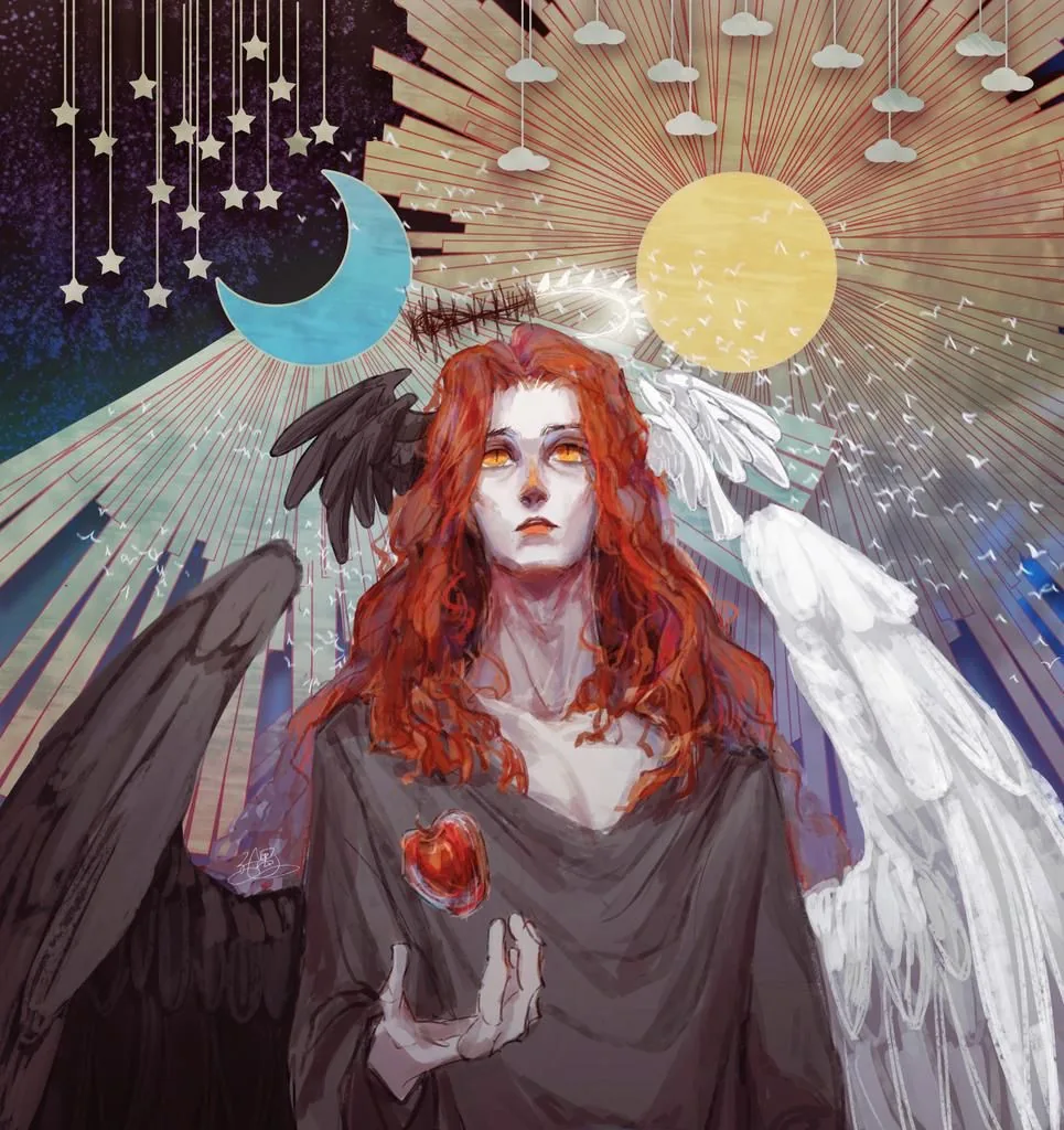 A red-haired figure with black and white wings beneath a sun, moon, and hanging stars