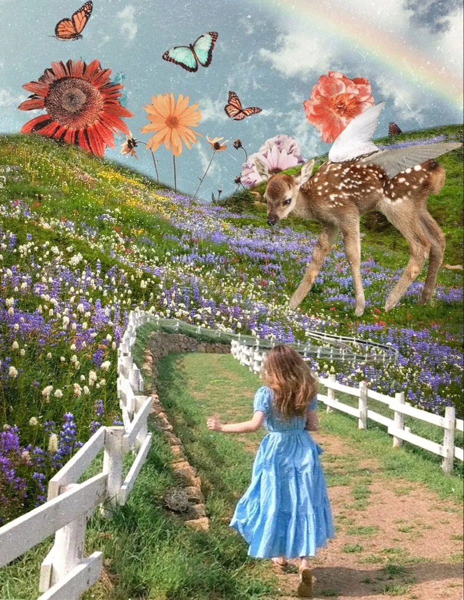 A child in blue walks toward a flower-filled meadow beneath butterflies and a rainbow
