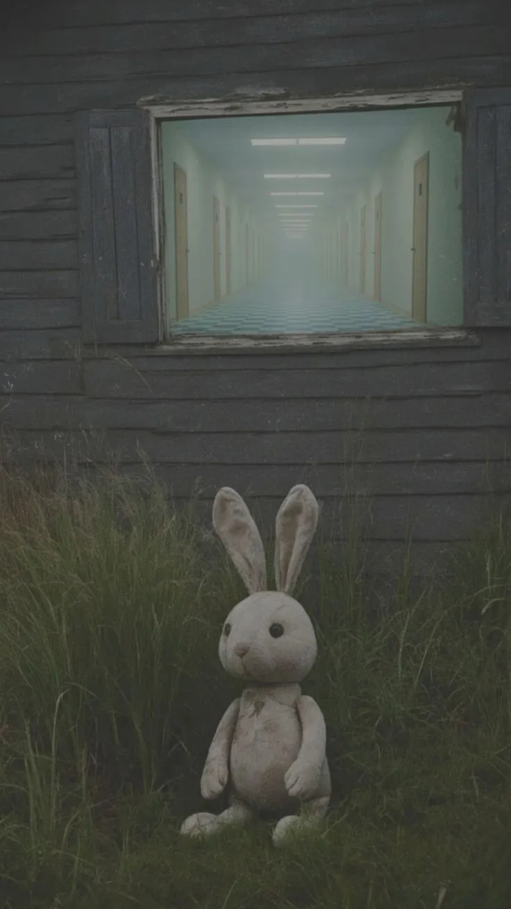 A worn toy rabbit sits beneath a window that opens onto a long, empty corridor