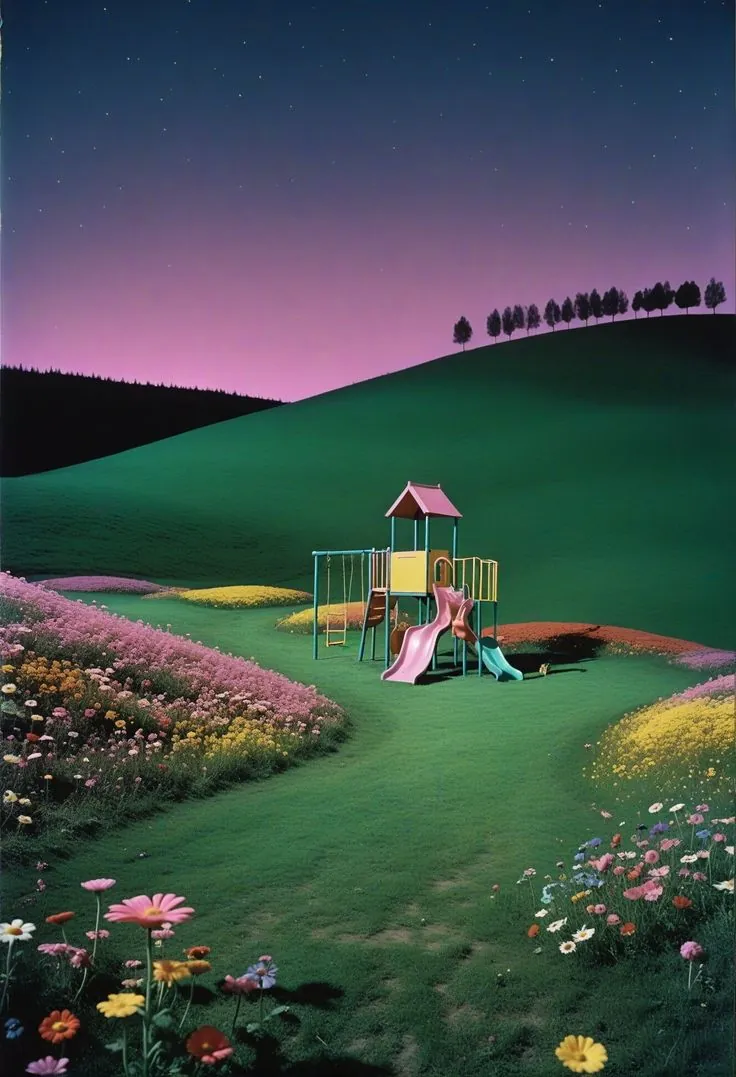 An empty playground surrounded by flowers beneath a purple twilight sky